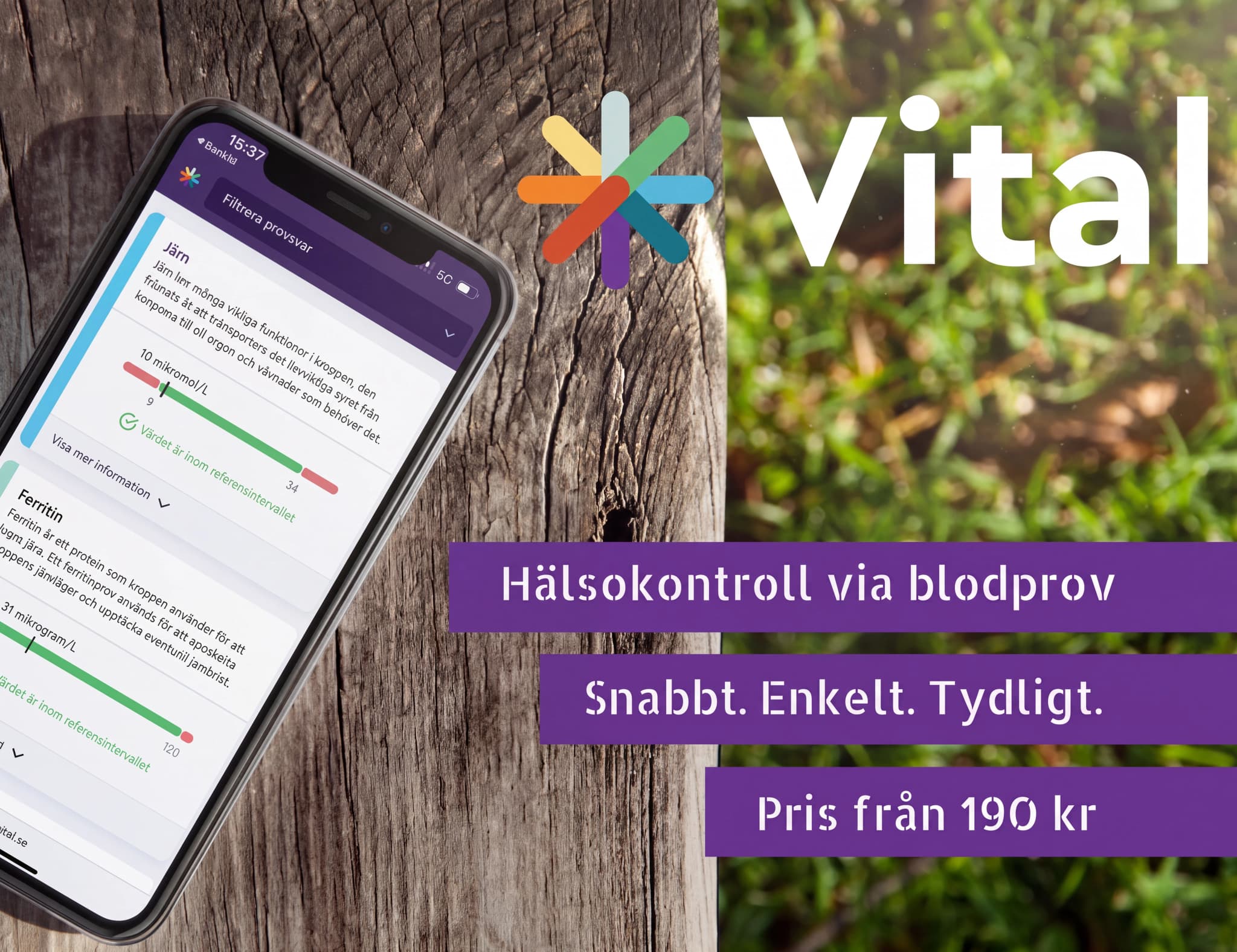En smartphone visar en app med resultat från ett blodprov, med diagram och referensintervall. Bredvid syns appens logotyp och texten "Vital".