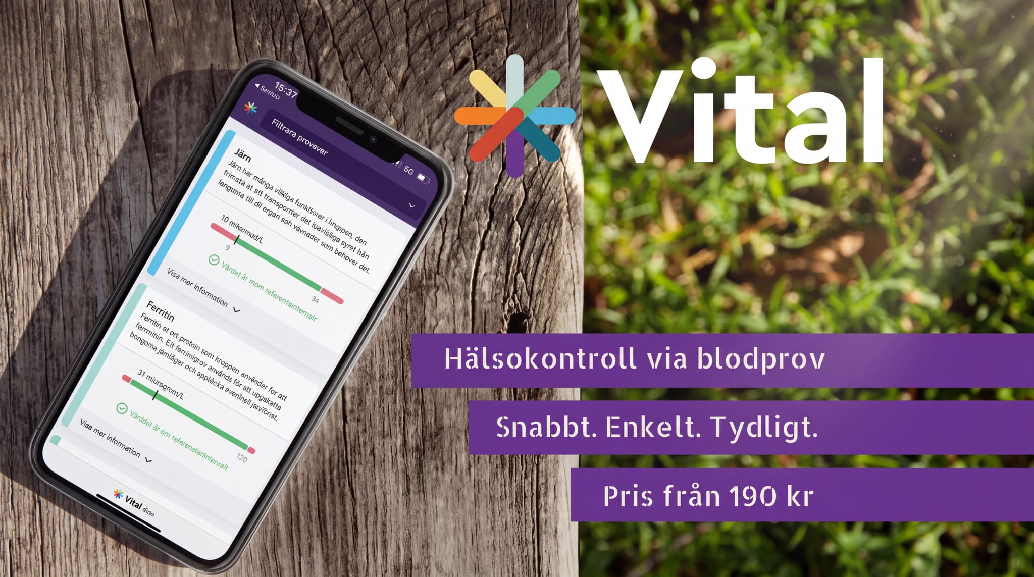 En smartphone som visar Vital-appen med resultat för järn och ferritin, bredvid en trädstam och gräs