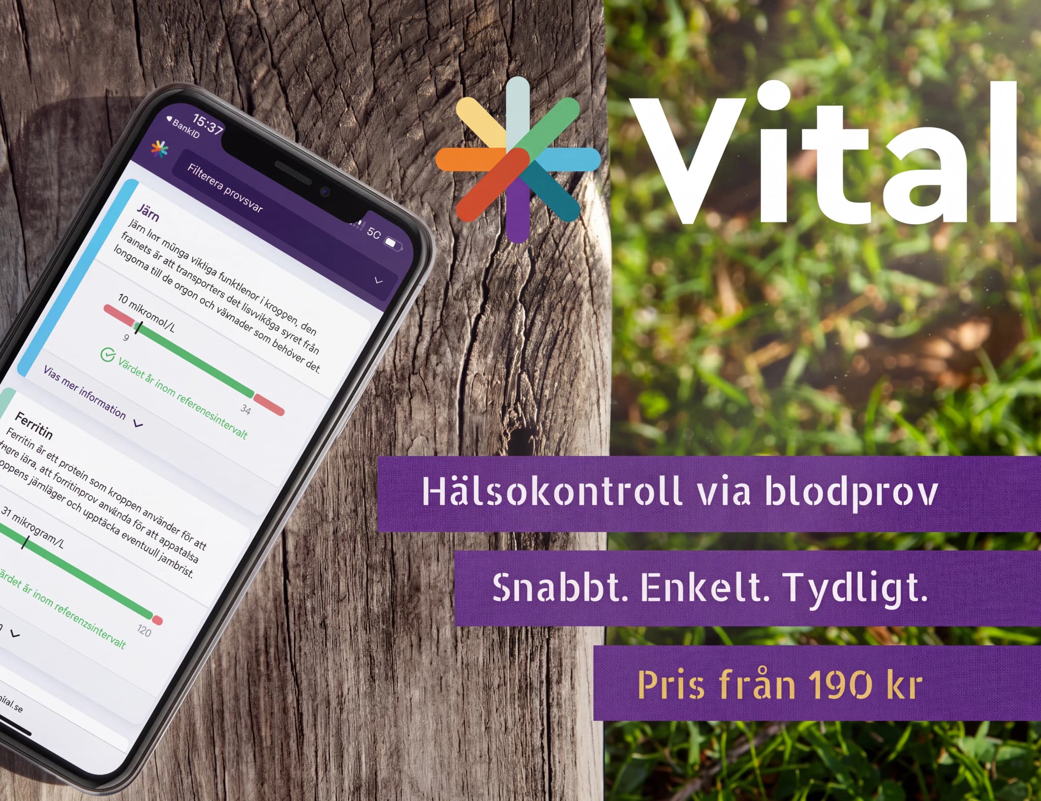 En smartphone som visar resultaten av ett blodprov och hälsokontroll via blodprov med texten 'Vital'