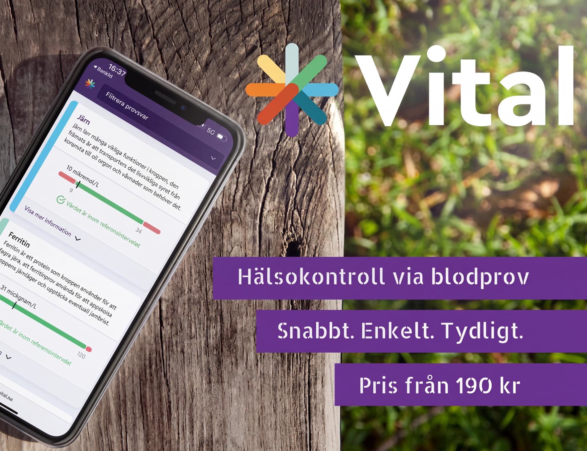 En mobiltelefon som visar en app med hälsokontroll via blodprov, med resultat för järn och ferritin, och texten "Vital. Hälsokontroll via blodprov. Snabbt. Enkelt. Tydligt. Pris från 190 kr."
