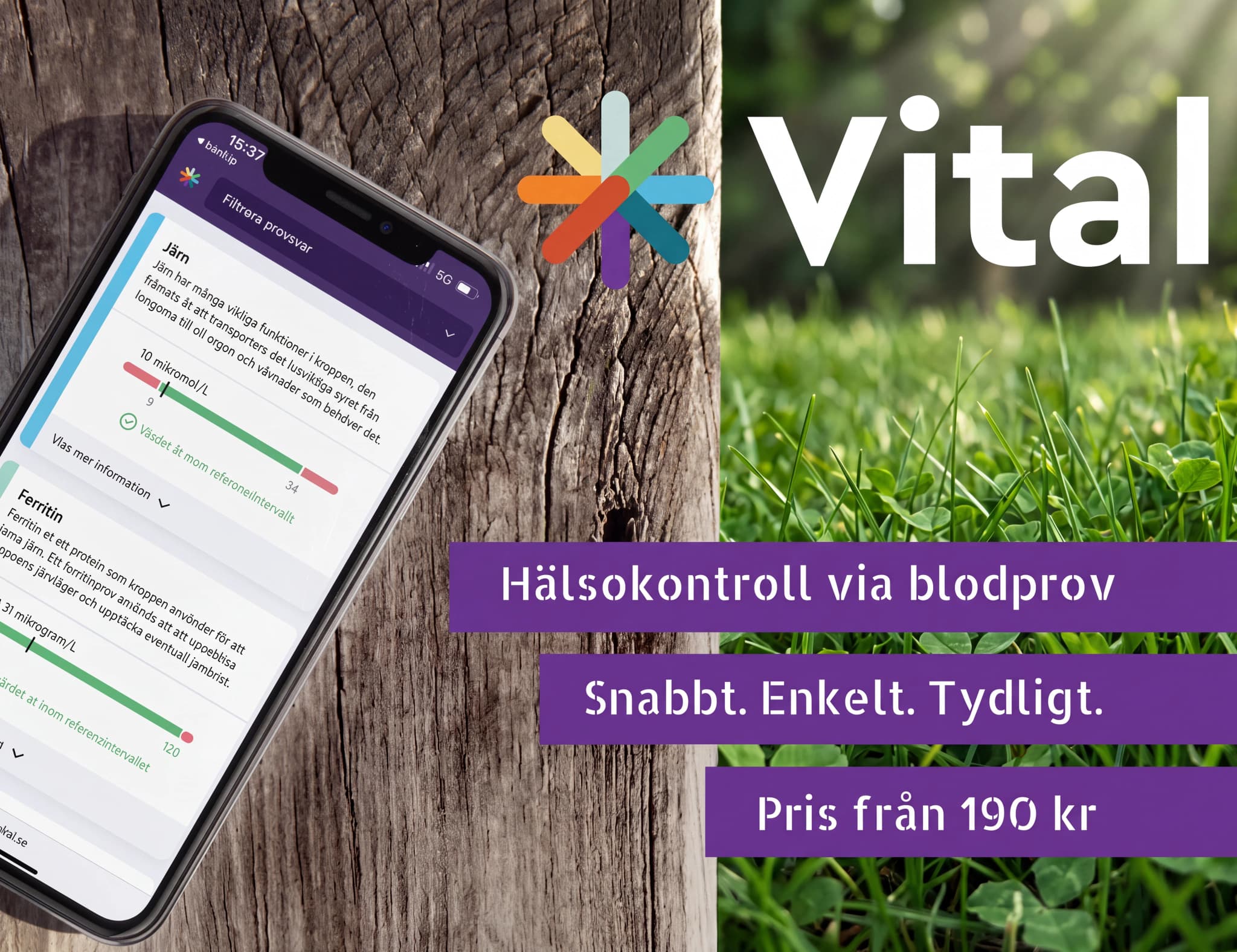 En mobiltelefon som visar en app för hälsokontroll med blodprovsresultat för järn och ferritin, med texten 'Vital' och information om hälsokontroll via blodprov.
