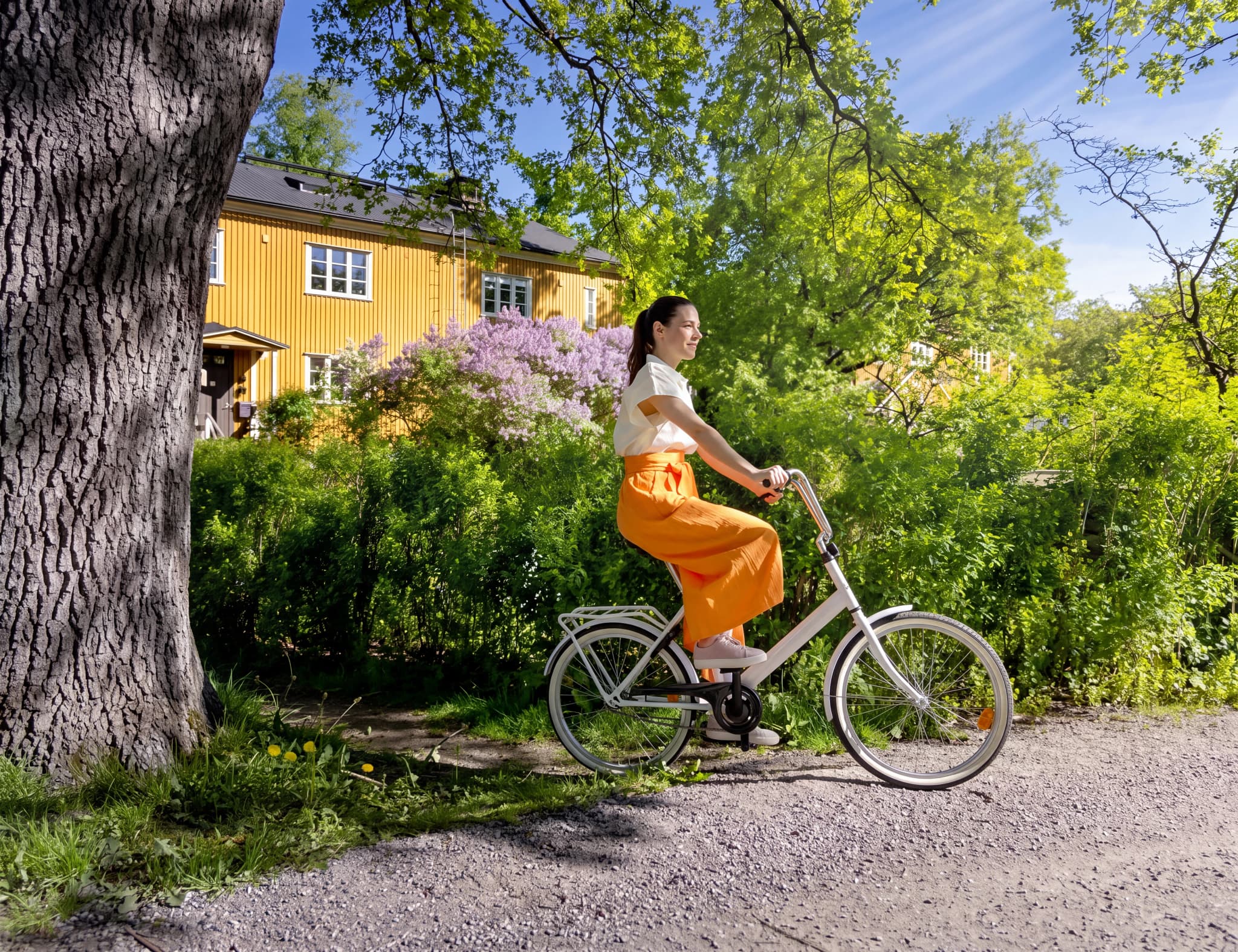 En kvinna cyklar på en grusväg bredvid ett gult hus och buskar med lila blommor.