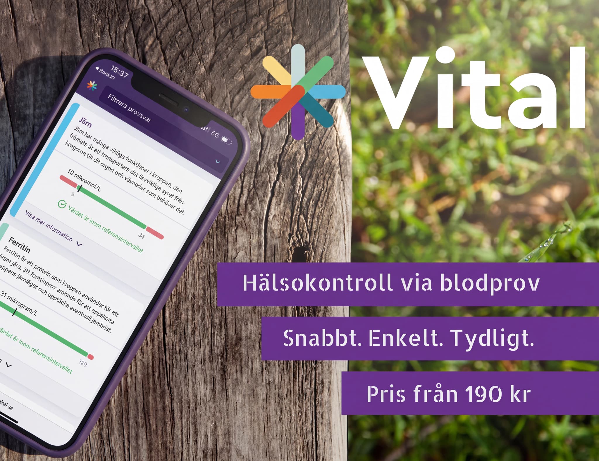 En smartphone som visar blodprovsresultat för järn och ferritin. Bredvid telefonen finns Vital-logotypen och texten "Hälsokontroll via blodprov. Snabbt. Enkelt. Tydligt. Pris från 190 kr."