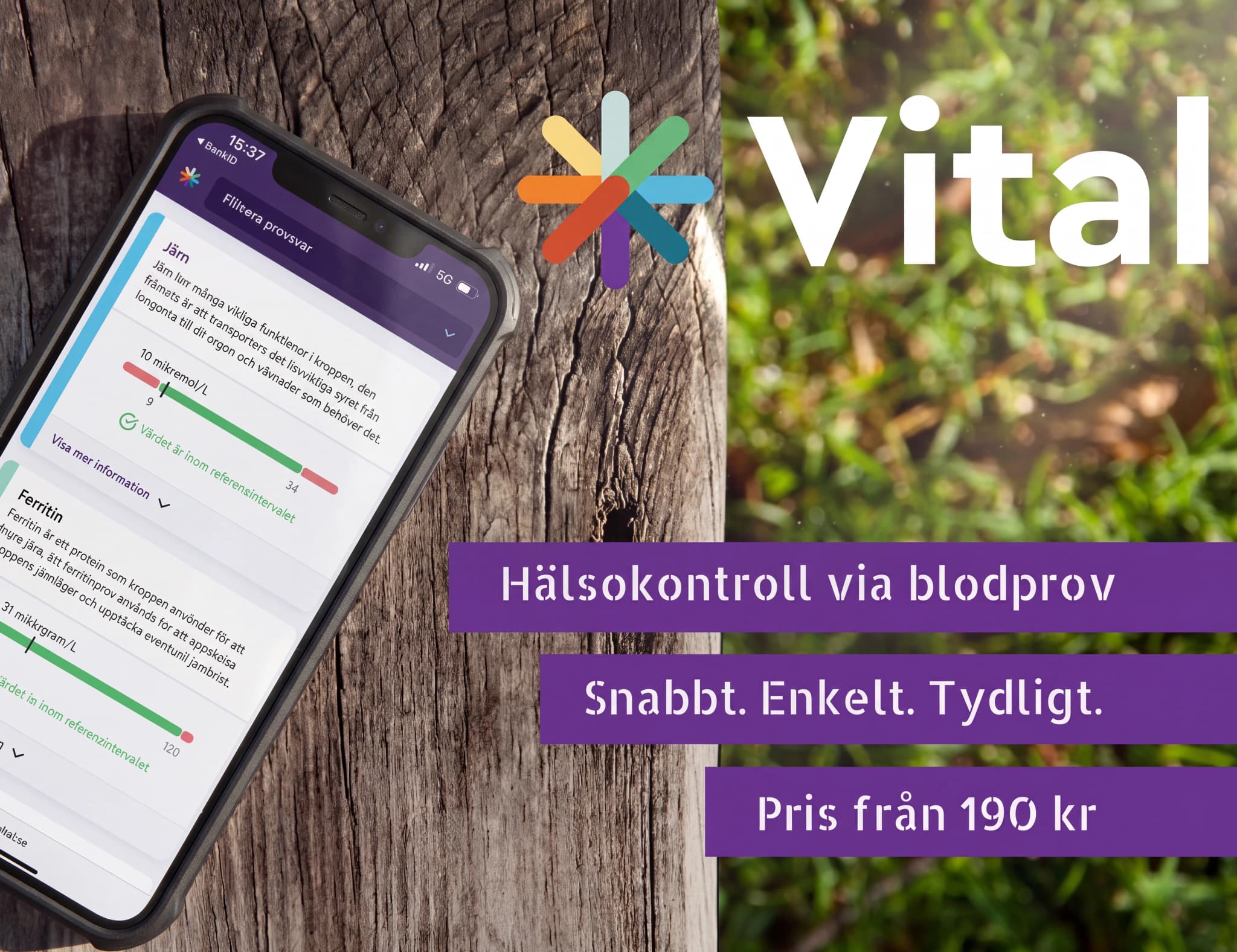 En smartphone som visar resultat från ett blodprov på en app, placerad på ett träbord utomhus.