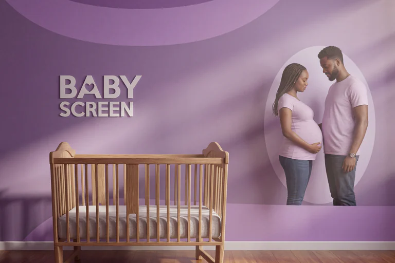 Gravid kvinna och man tittar ner på en babysäng i en illustration som heter Baby Screen.