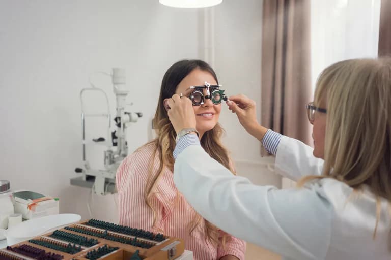 Optiker som använder en refraktor för att undersöka en patients ögon i ett undersökningsrum.