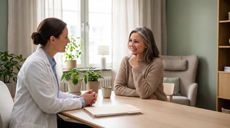 Läkare i vit rock pratar med en patient som sitter vid ett träbord i ett hem eller hemmakontor.