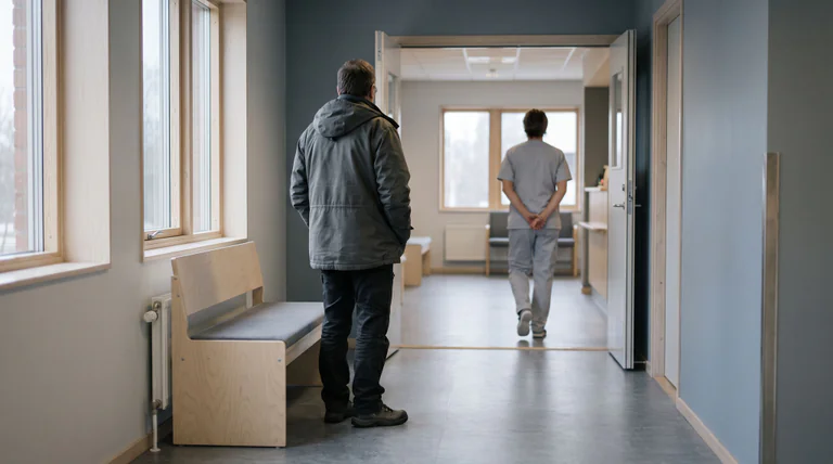 En person i jacka står i en korridor och tittar mot en vårdanställd som går bortåt genom en öppen dörr.