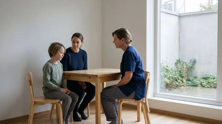 Ett barn, en vuxen och en person i blå vårdkläder sitter vid ett träbord i ett ljust rum.