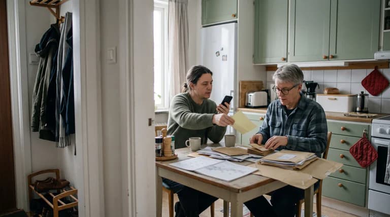 Två personer sitter vid ett köksbord och granskar papper, kuvert och en mobiltelefon.