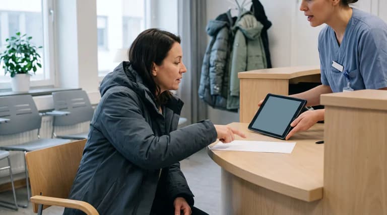 Kvinna i jacka pekar på ett tomt papper på en receptionsdisk medan en vårdanställd håller fram en surfplatta.