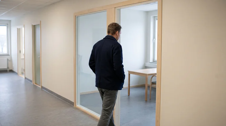 En person i mörkblå jacka går i en ljus vårdkorridor mot ett öppet rum med ett bord.