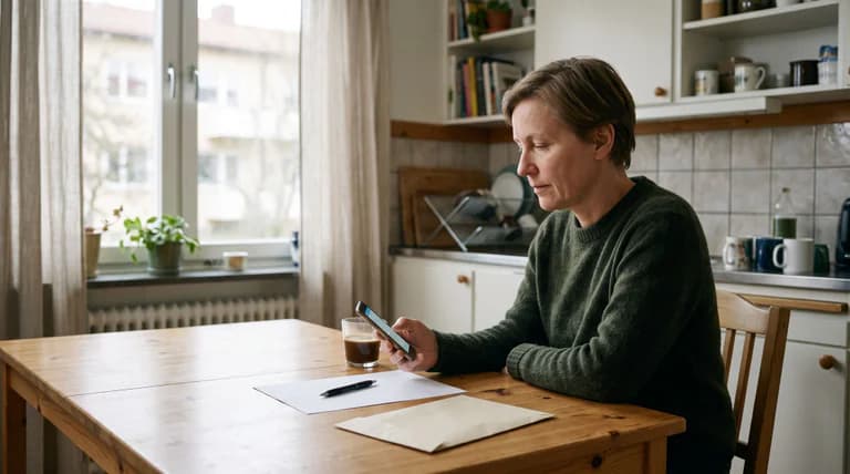 En person sitter vid ett köksbord och tittar på en mobiltelefon. Framför personen ligger ett tomt papper, en penna, ett kuvert och ett glas med mörk dryck.