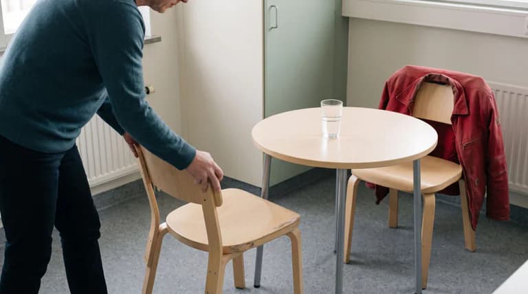 En person drar ut en ljus trästol vid ett runt bord. På bordet står ett dricksglas med vatten och på stolen mittemot hänger en röd jacka.