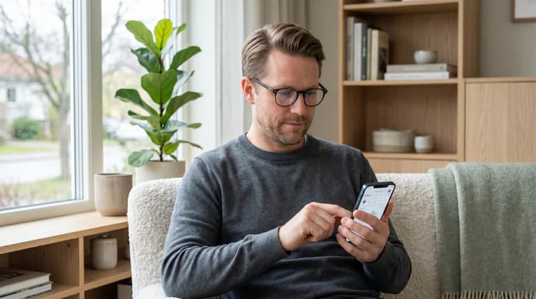 En man med glasögon sitter i en soffa och tittar på sin mobiltelefon.