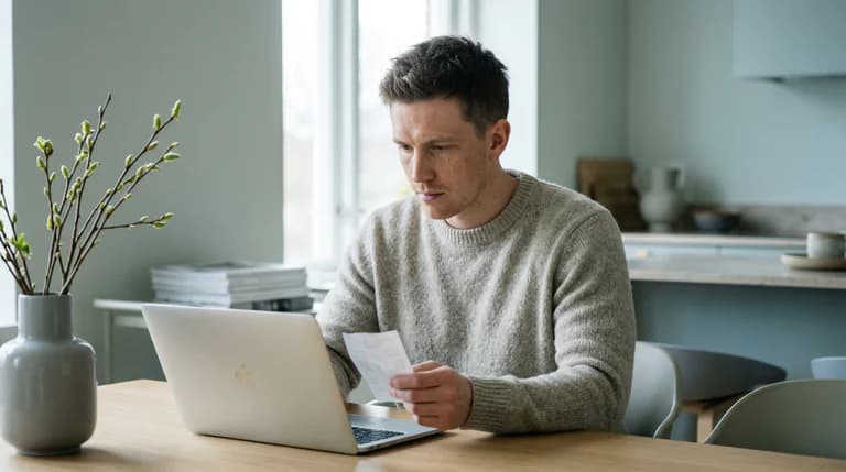 Man sitter vid ett köksbord och arbetar på en laptop och håller upp en papperslapp.