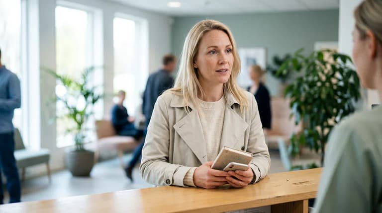 En blond kvinna med ljus trenchcoat och en beige tröja håller en smartphone och en liten anteckningsbok i händerna vid ett träfärgat receptionsdisk.