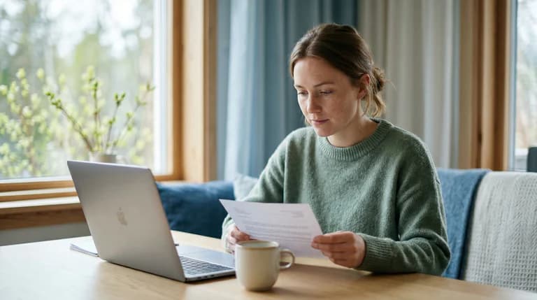 En kvinna sitter vid ett träbord och granskar papper framför en öppen laptop, med en mugg bredvid sig. Bakgrunden visar ett fönster med grönska och draperade gardiner.
