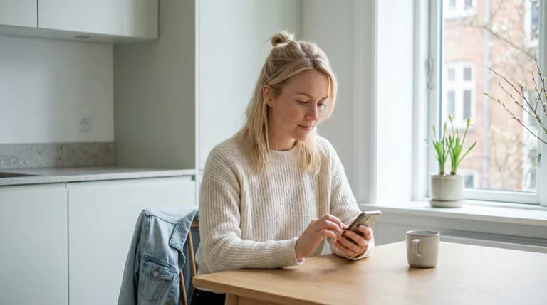 En blond kvinna sitter vid ett träbord och tittar på sin mobiltelefon.