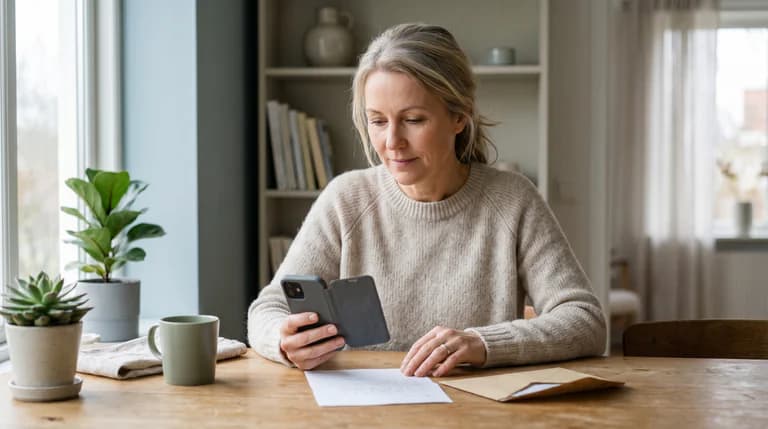 En medelålders kvinna med blont hår sitter vid ett träbord och tittar ner på sin smartphone som hon håller i handen. Framför henne på bordet ligger ett kuvert, ett papper och en mugg.