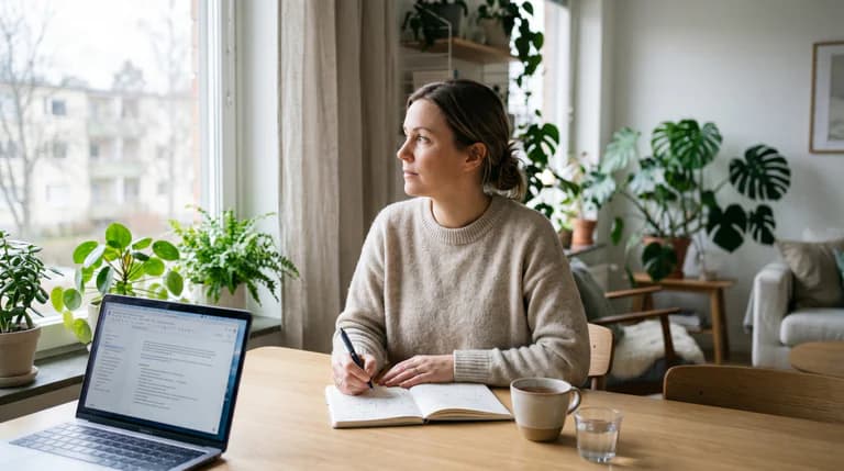 Kvinna med uppsatt hår sitter vid ett träbord och skriver i en öppen anteckningsbok med en penna. Framför henne finns en laptop, en kopp te och ett glas vatten.