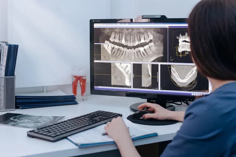 Tandläkare som granskar dentala röntgenbilder på en datorskärm i en klinik.