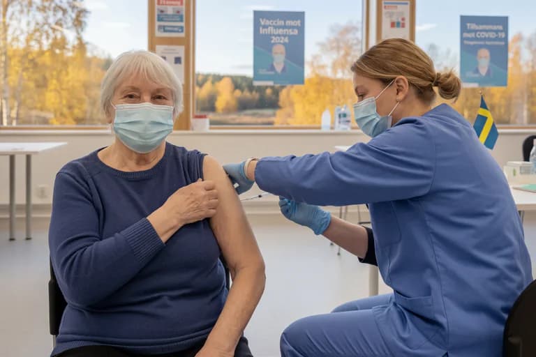 En sjuksköterska vaccinerar en äldre kvinna med en spruta i armen i ett vaccinationsrum.