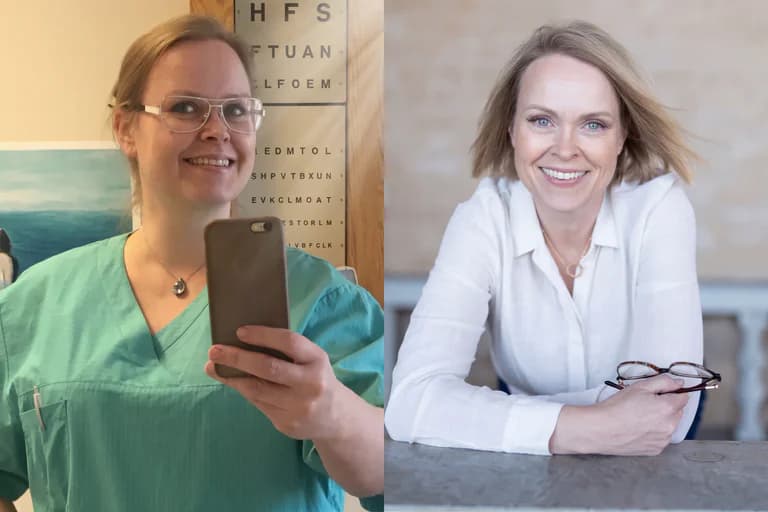 Optiker som utför ögonundersökning med synstavla och glasögon i en klinik.