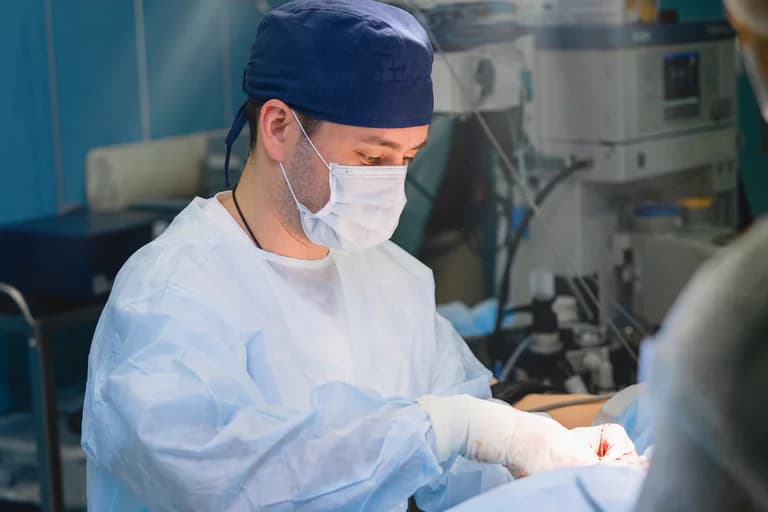 En manlig kirurg i operationskläder och munskydd utför en operation, med medicinsk utrustning i bakgrunden.