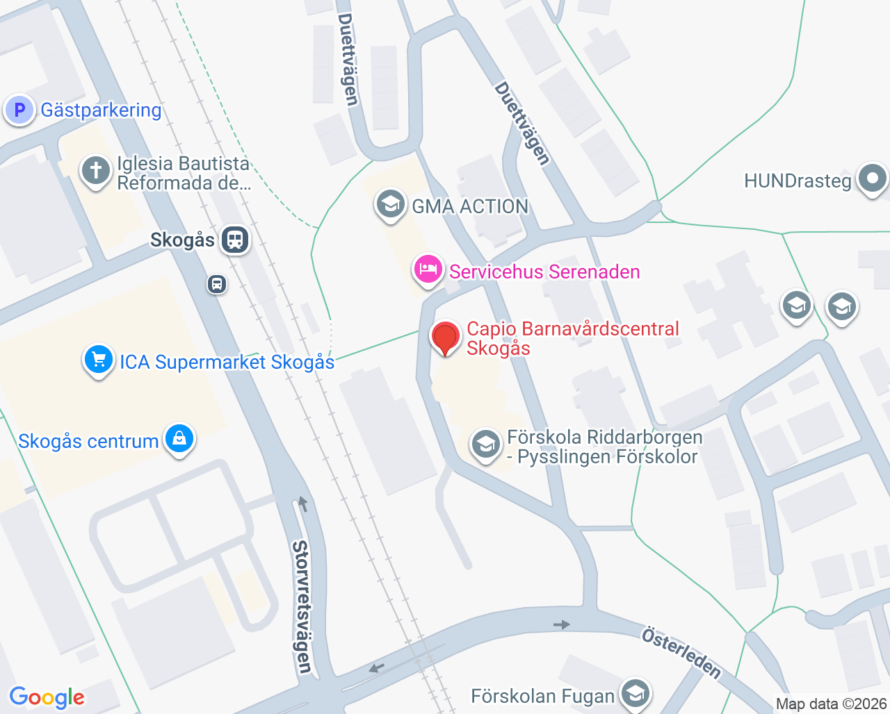 Karta till BVC Capio Vårdcentral Skogås, Capio Vårdcentral Skogås