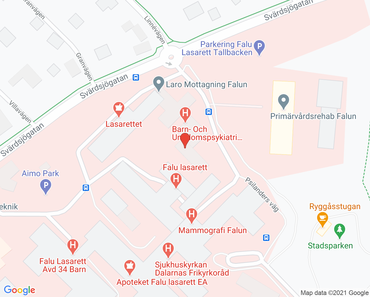 Karta till Familjeterapienhet Barn- och ungdomspsykiatri Falun