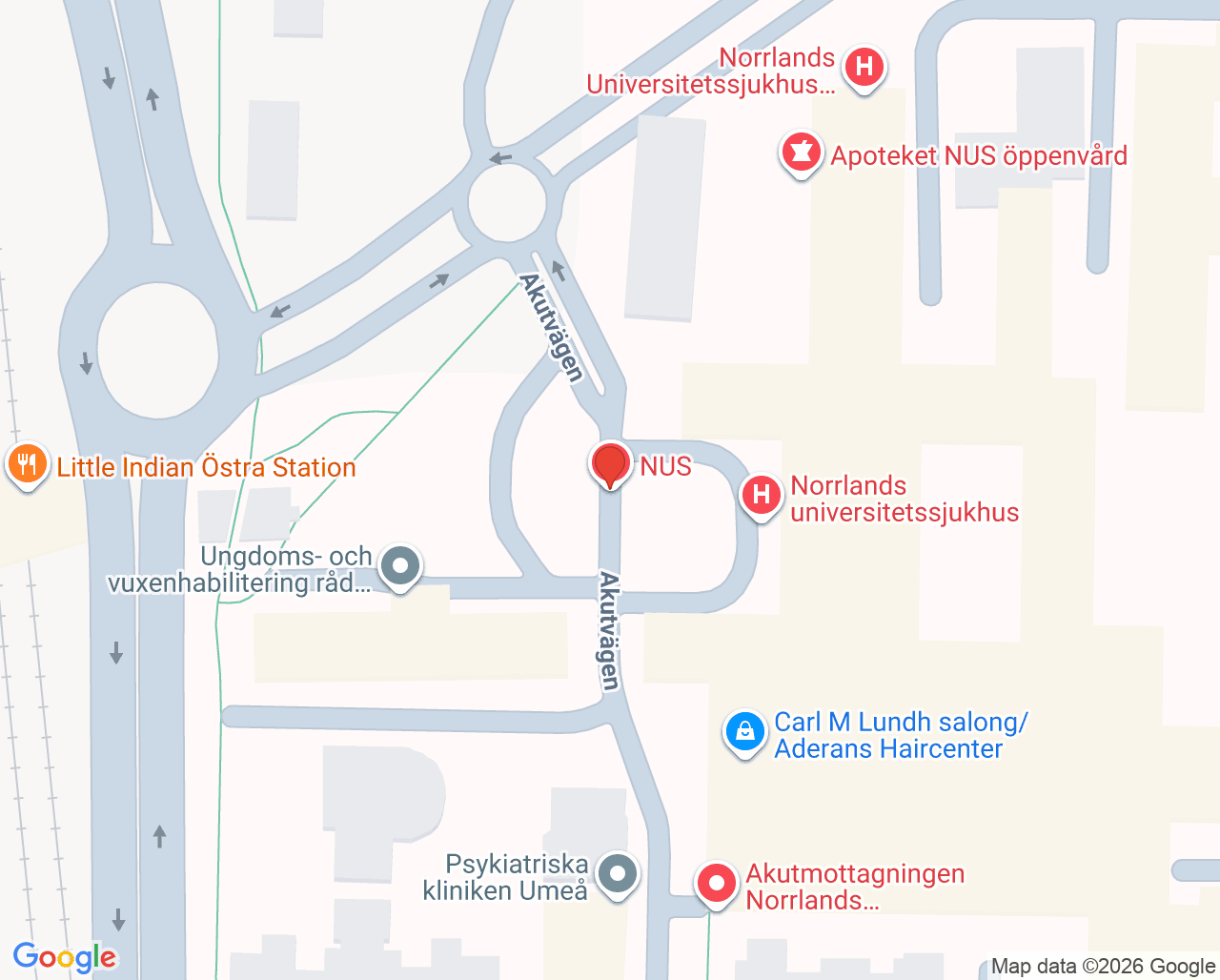 Karta till Barn- och ungdomspsykiatri mottagning Umeå