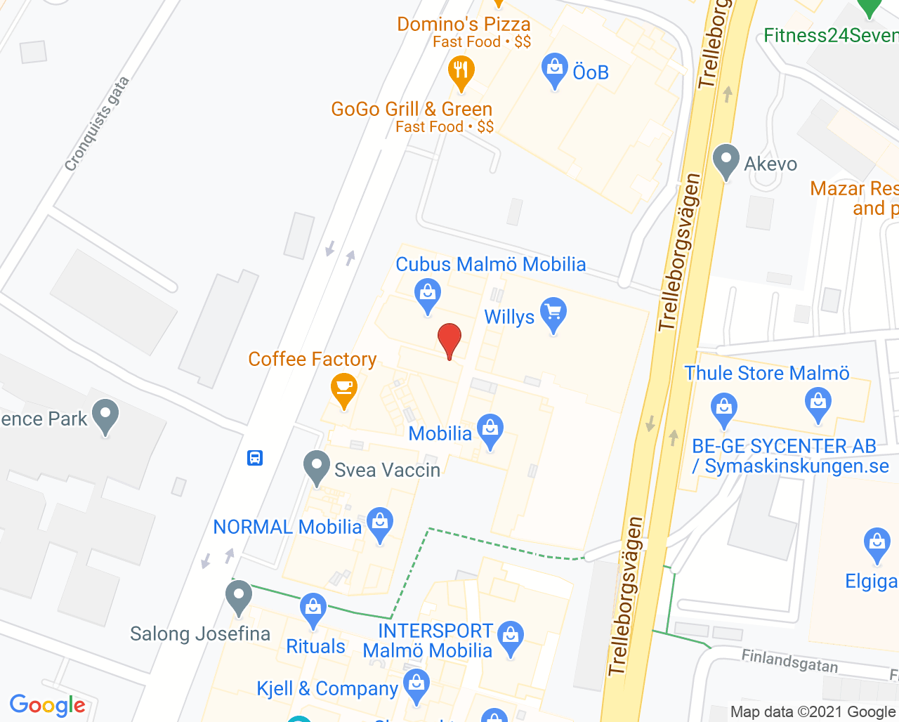 Karta till Synsam Malmö Mobilia