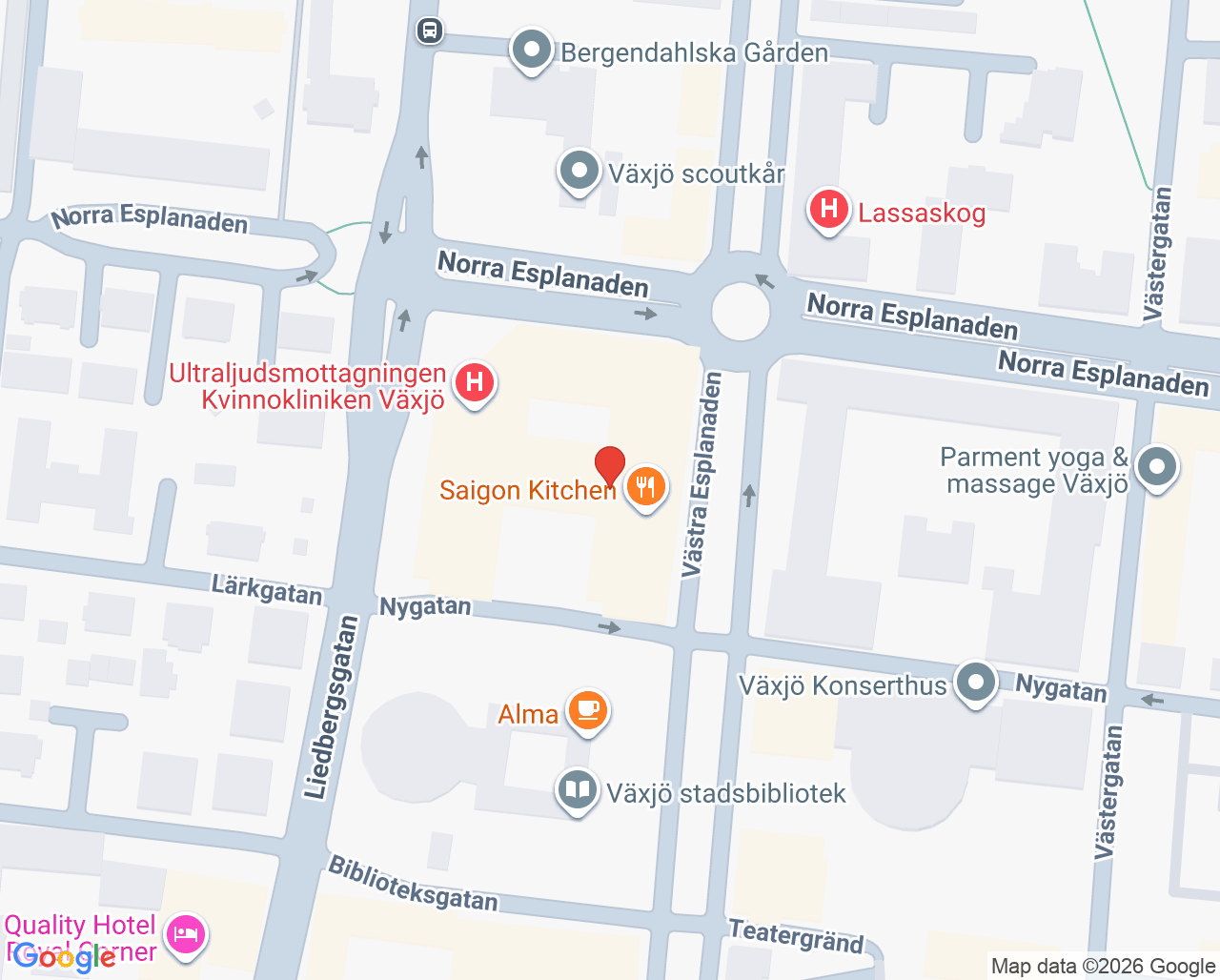 Karta till Allmänpsykiatriska mottagningen barn och unga Växjö, Växjö