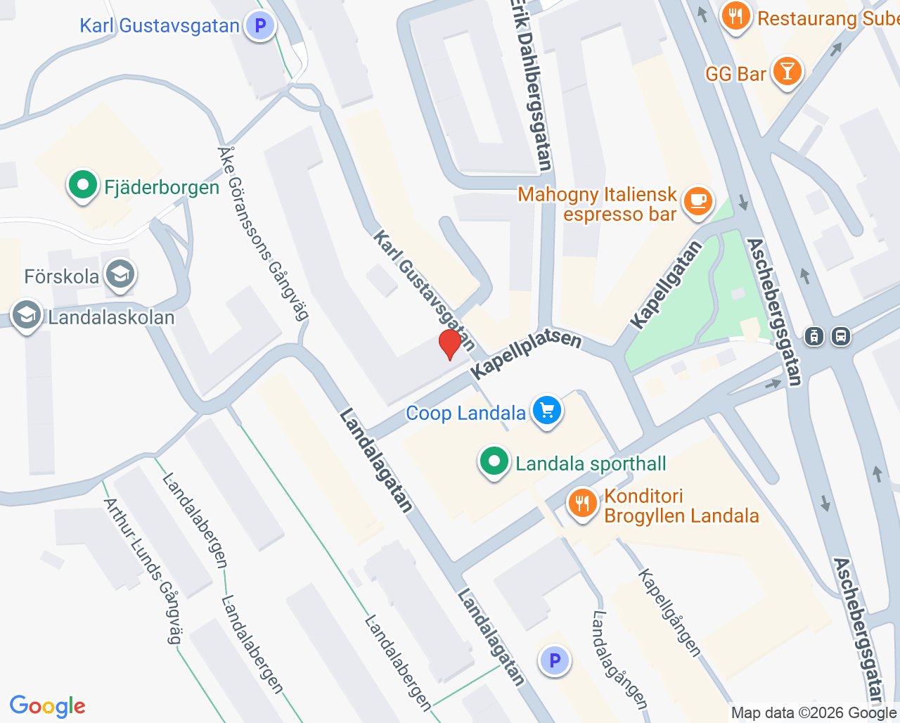 Karta till Omtanken vårdcentral Landala - Ungas Psykiska Hälsa, Göteborg