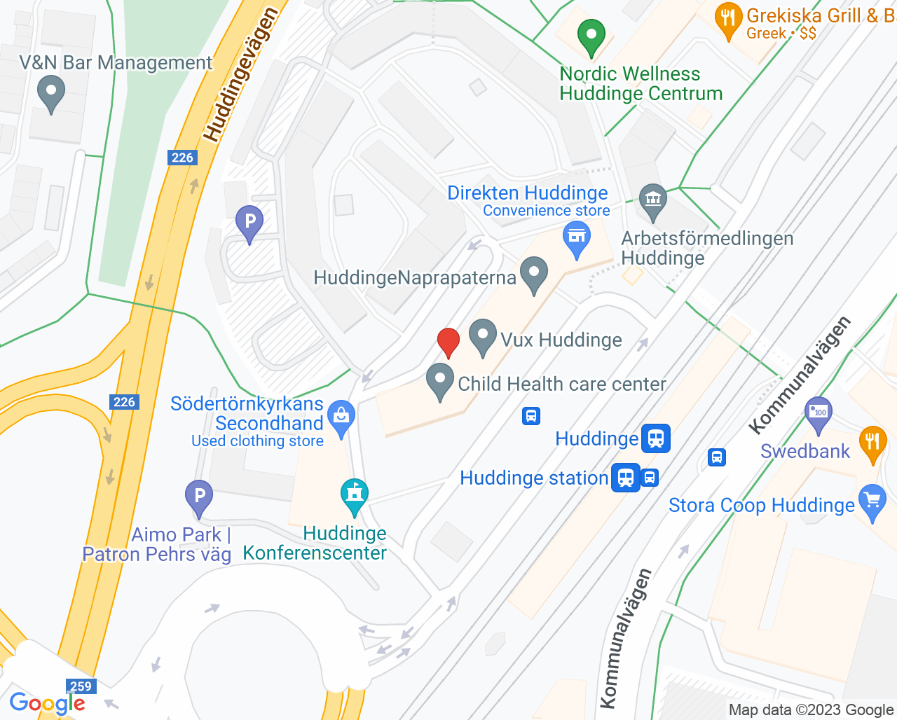 Karta till Malinamottagningen Capio Alva i Huddinge