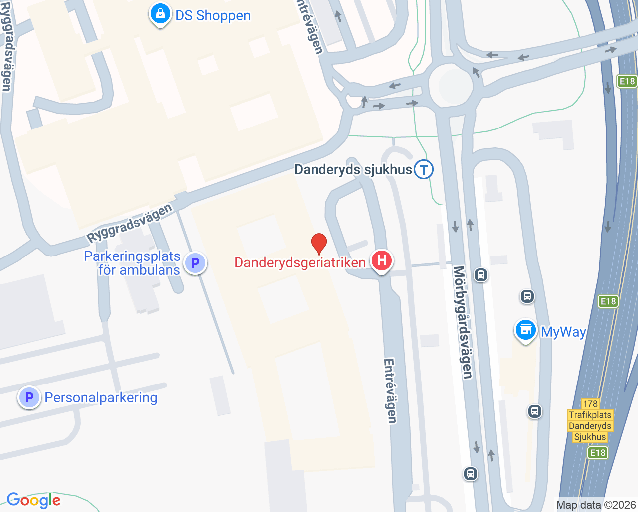 Karta till Hjärnskaderehabilitering mottagning Danderyd, Danderyds sjukhus