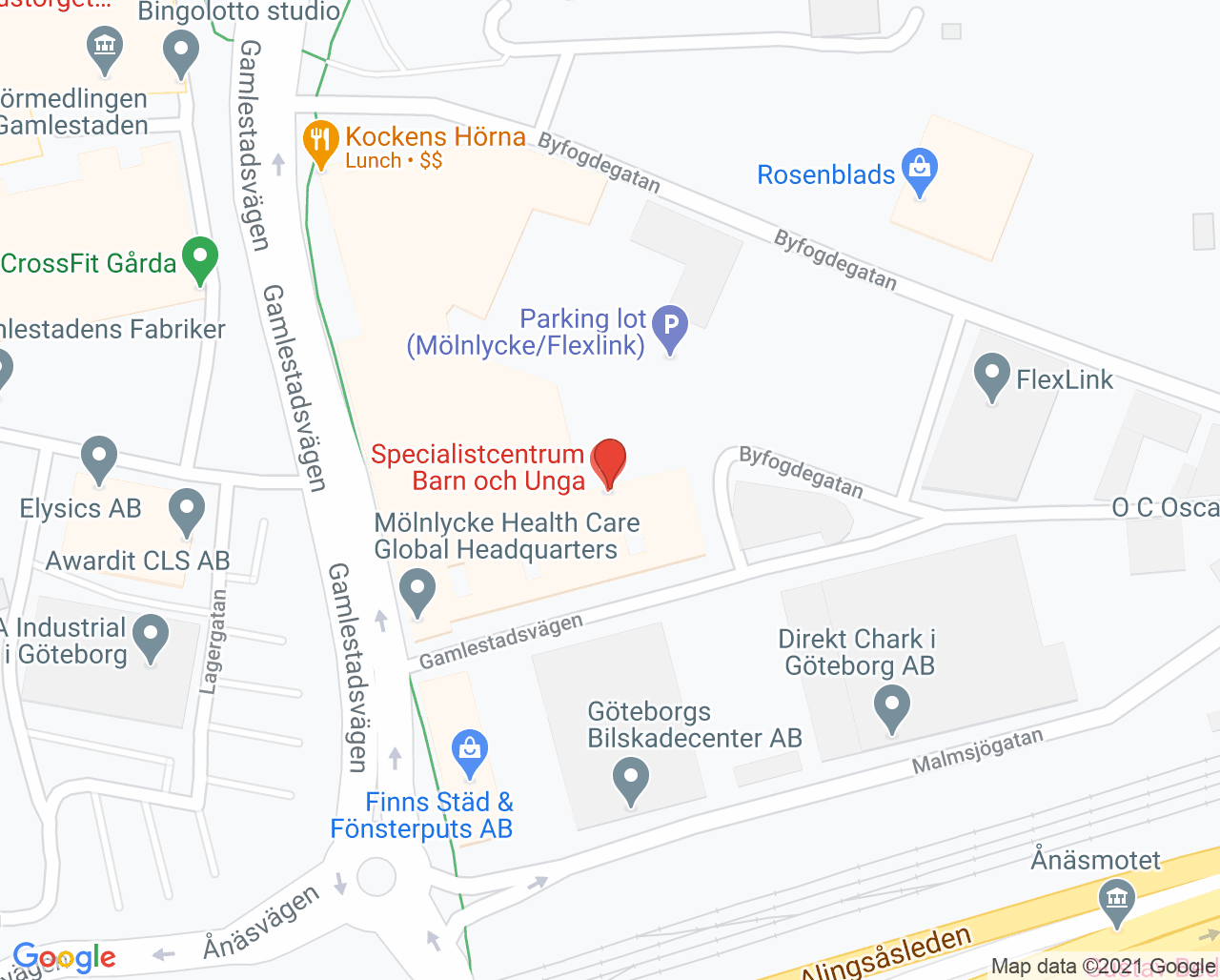 Karta till Specialistcentrum Barn och Unga Gamlestaden, Göteborg