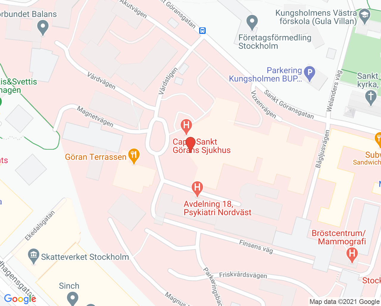 Karta till Hjärtcentrum Ischemi, Capio S:t Görans Sjukhus