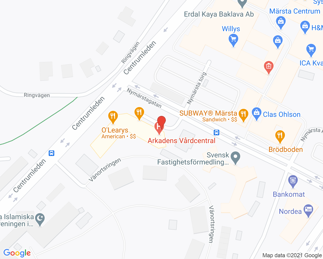 Karta till Arkadens läkarmottagning i Märsta