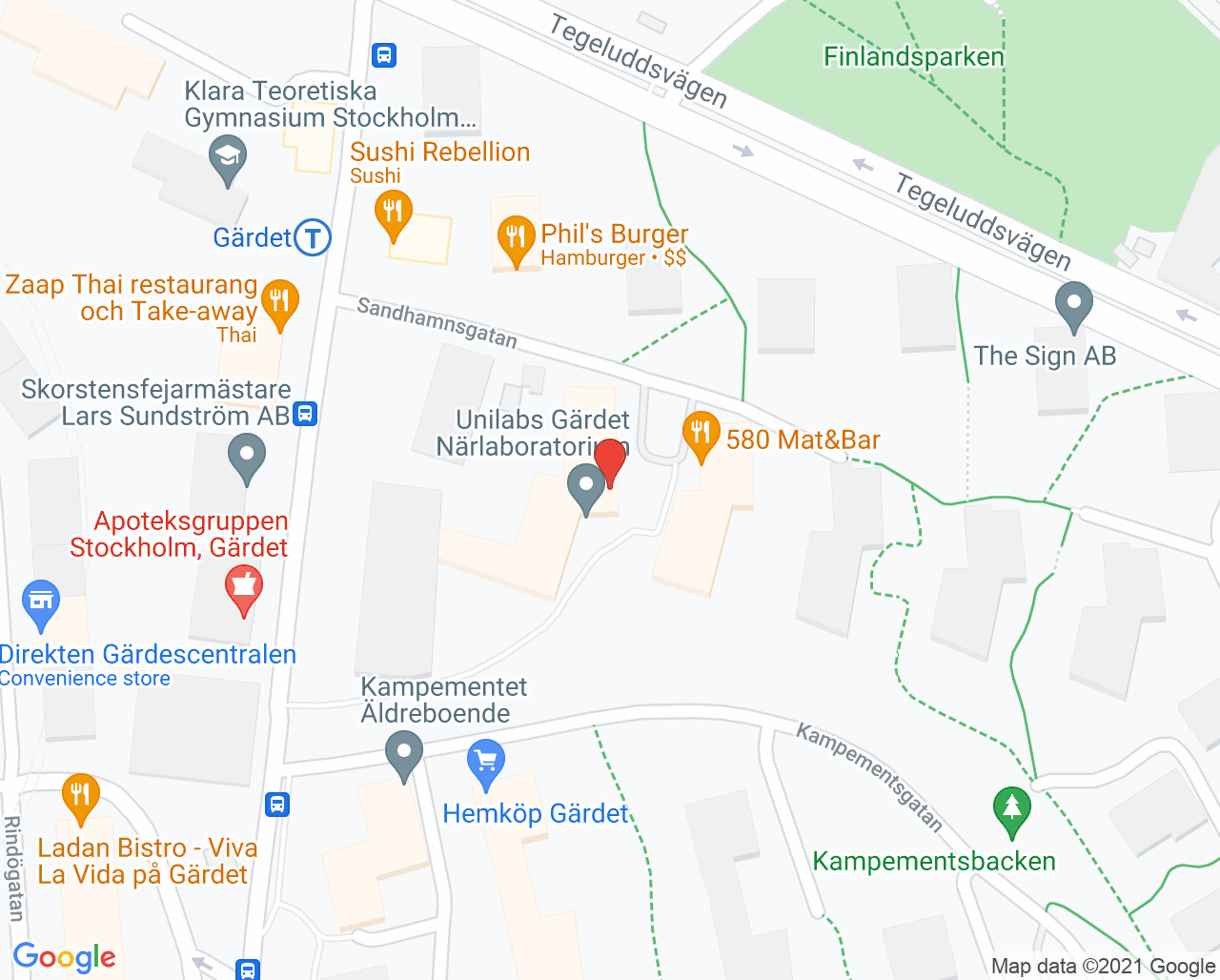 Karta till Unilabs Gärdets vårdcentral närlaboratorium, Östermalm