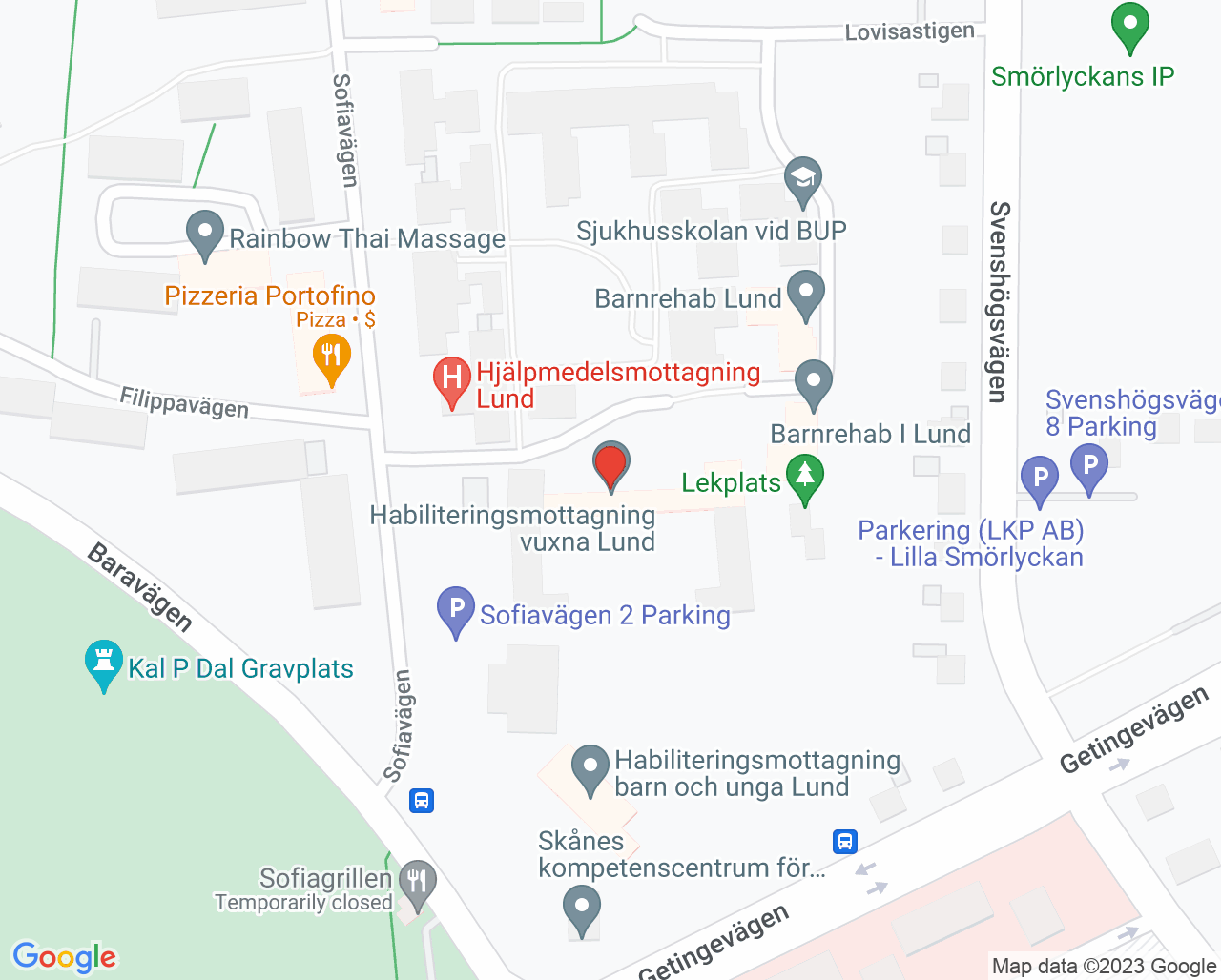 Karta till Habiliteringsmottagning vuxna Lund