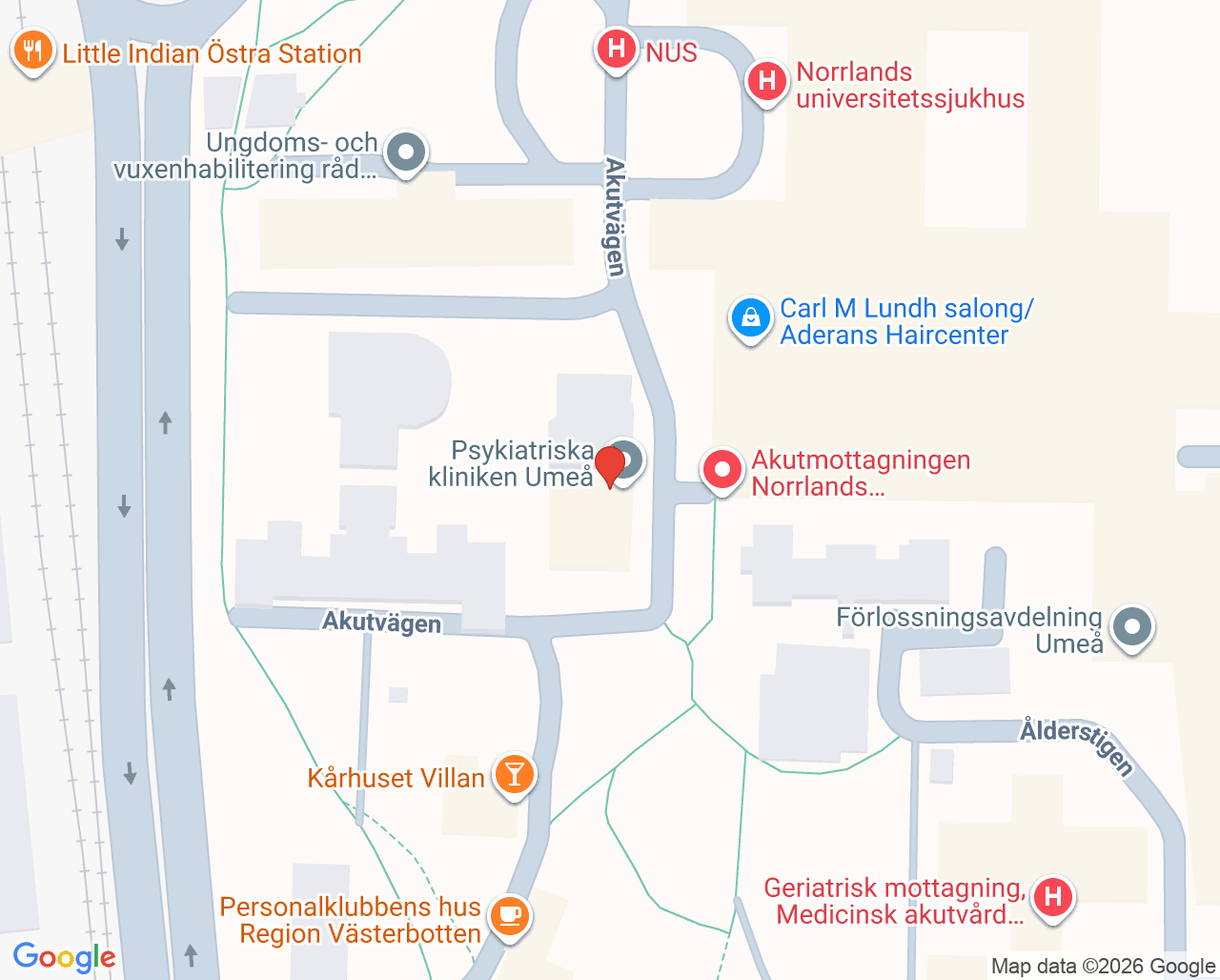 Karta till Ångest och Trauma mottagning Umeå