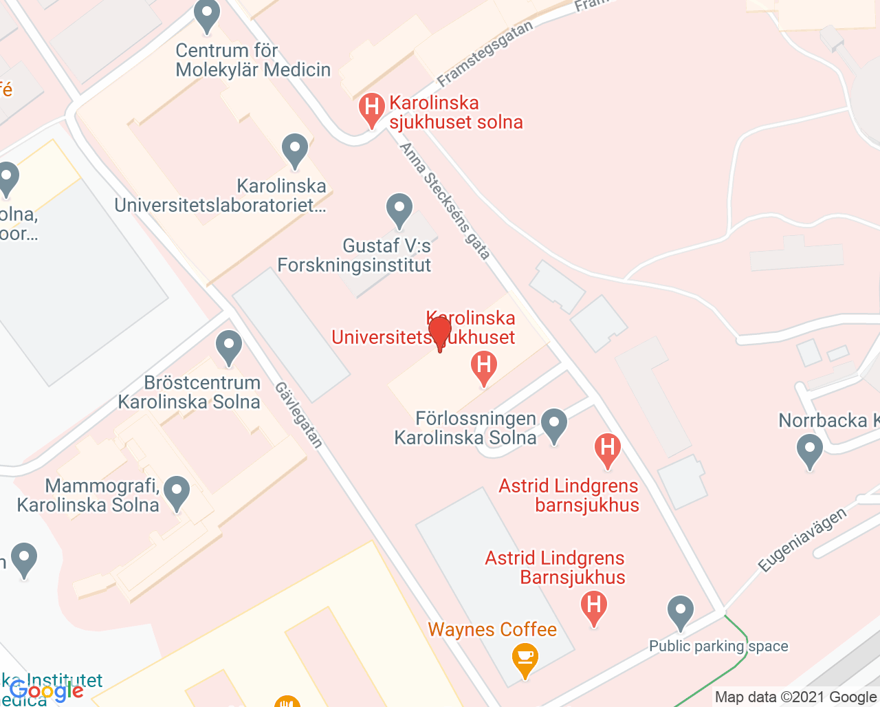 Karta till Dagvård Brachybehandling Solna, Karolinska Universitetssjukhuset