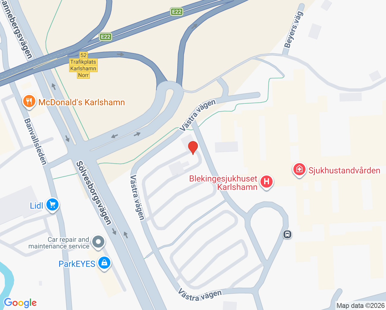 Karta till Vuxenpsykiatrisk mottagning Karlshamn