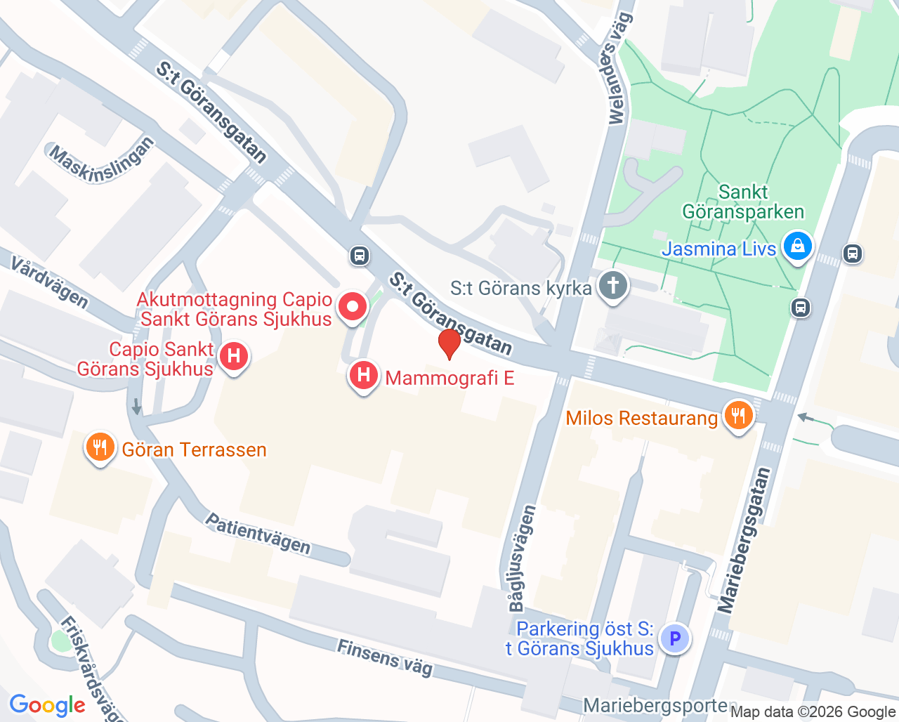 Karta till Akutkliniken, Capio S:t Görans Sjukhus