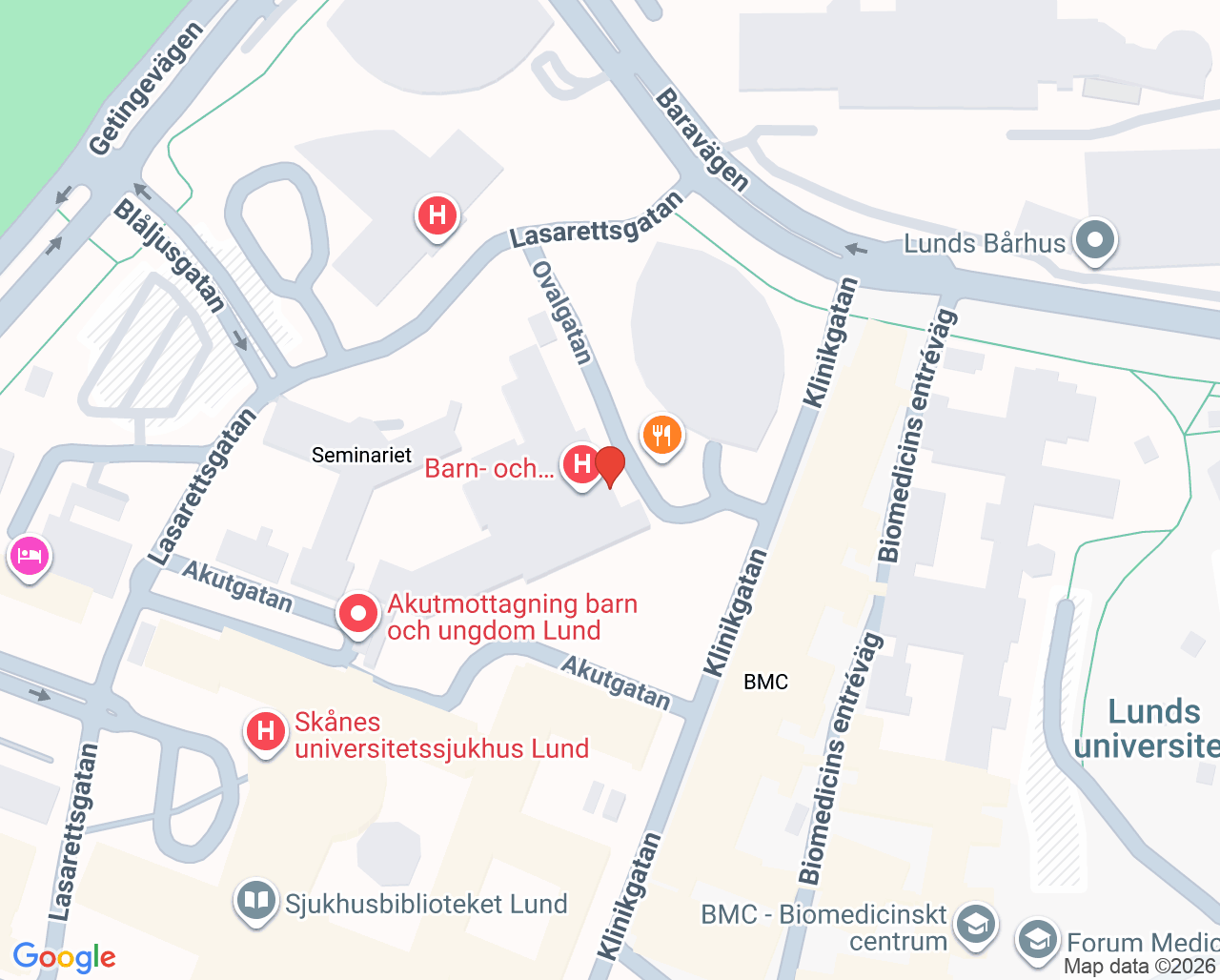 Karta till Barnhjärtcentrum mottagning Lund