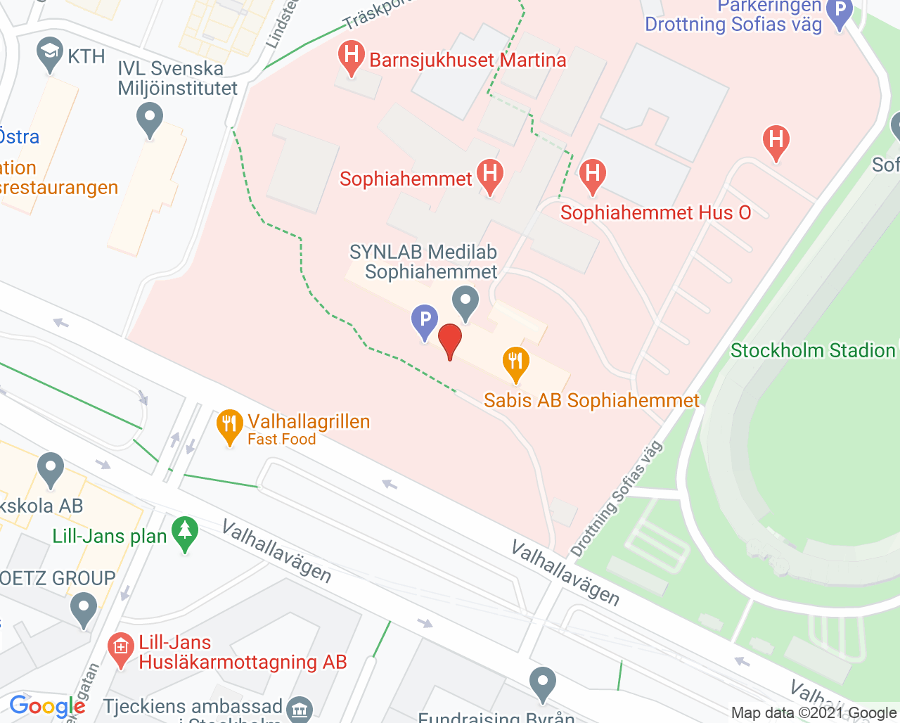 Karta till Provtagningscentral Sophiahemmet, Karolinska Universitetssjukhuset