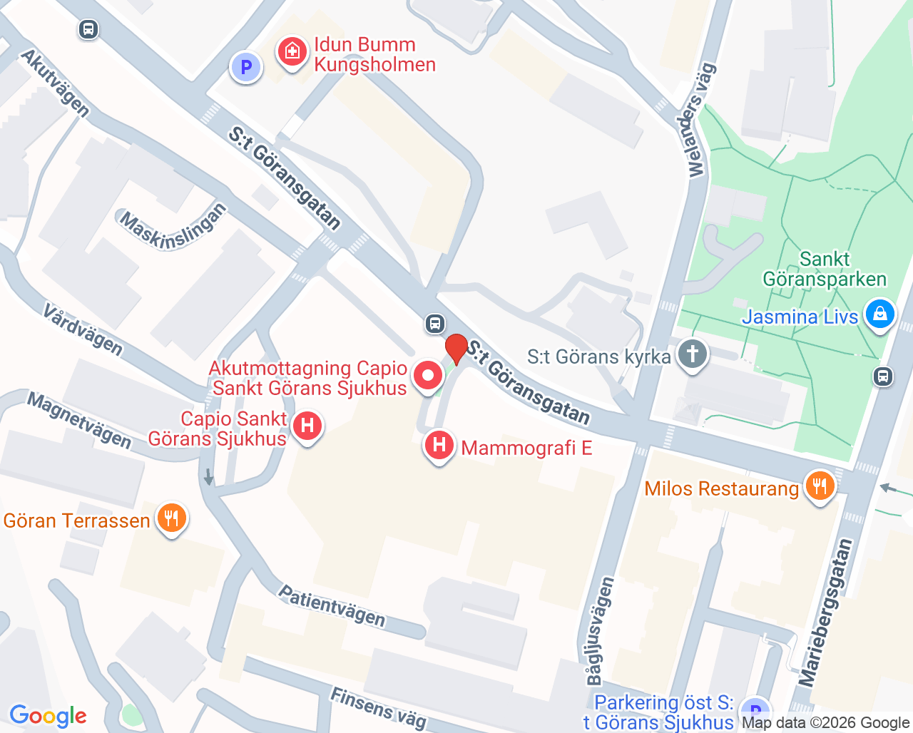 Karta till Akutmottagningen, Capio S:t Görans Sjukhus