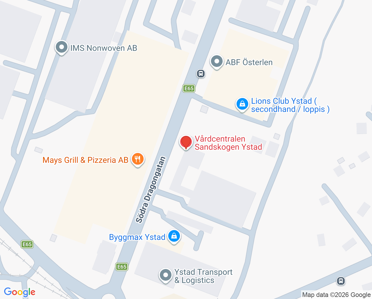 Karta till Vårdcentralen Sandskogen Ystad
